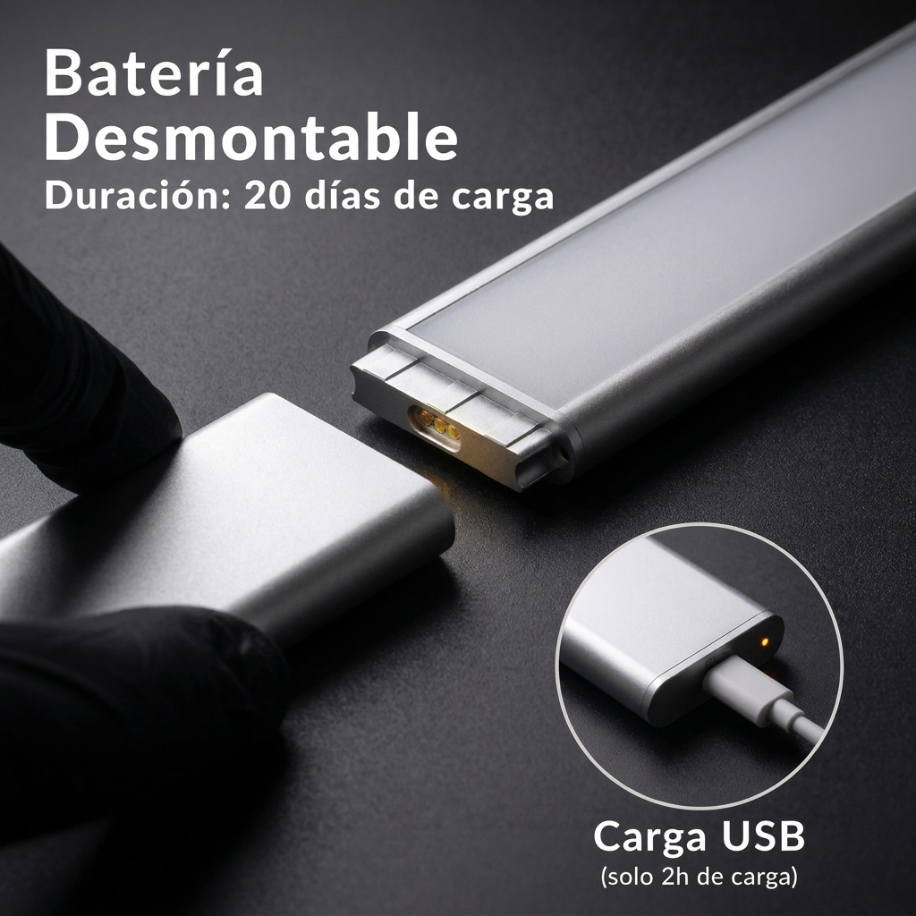 Barra LED Sensor de Movimiento 38cm — Batería Recargable USB, Aluminio